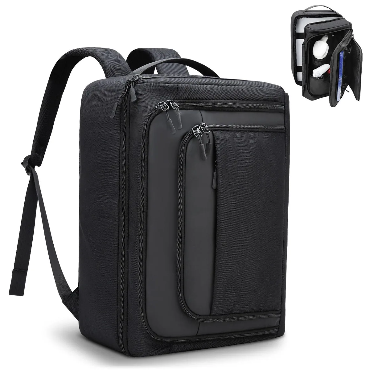 Black polyester PS5 backpack with 15.6 laptop compartment, side zipper opening, padded straps and luggage strap