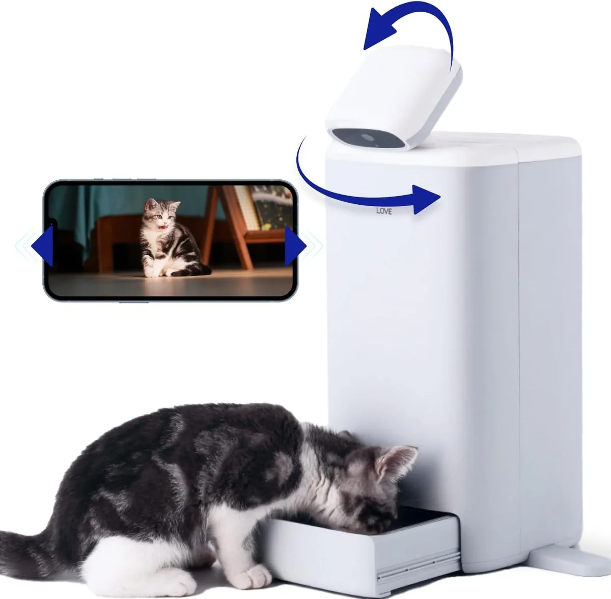 White cylindrical automatic cat feeder with rotating 2K camera lens on top