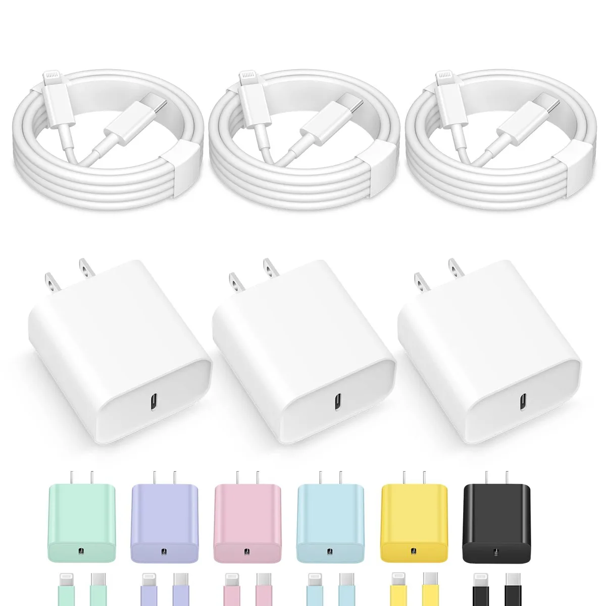 Three white USB-C wall chargers with three matching 6ft white cables