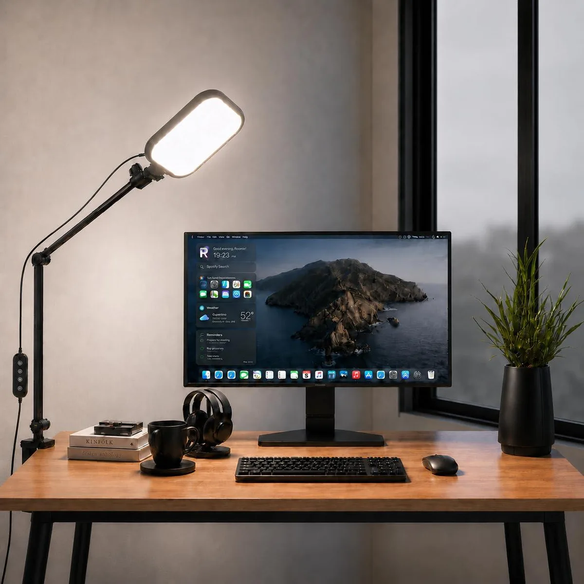 Black 8-inch LED desk lamp with C-clamp and adjustable arm
