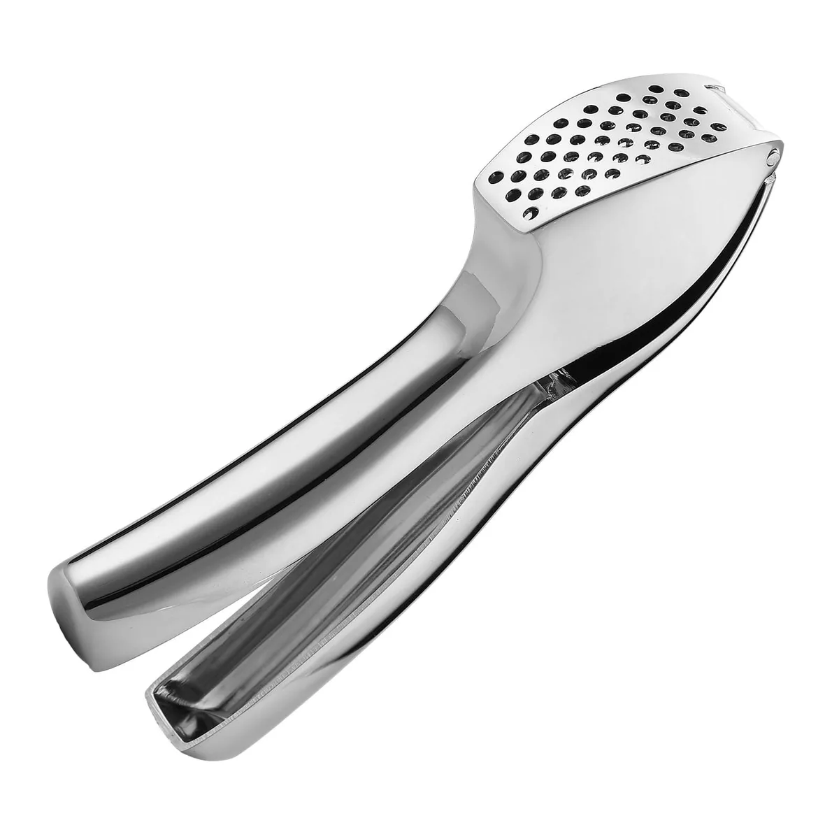 Silver zinc-alloy garlic press with curved perforated hopper and ergonomic squeeze handles