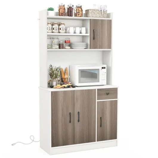 Tall white storage cabinet with walnut top and built-in charge station