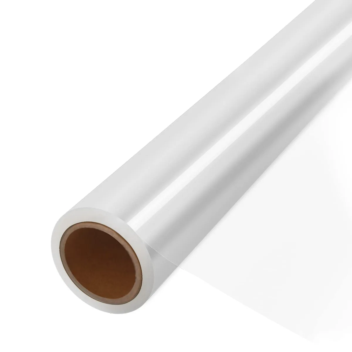 Clear cellophane roll on a cardboard core, 17.5 inches wide, smooth transparent finish