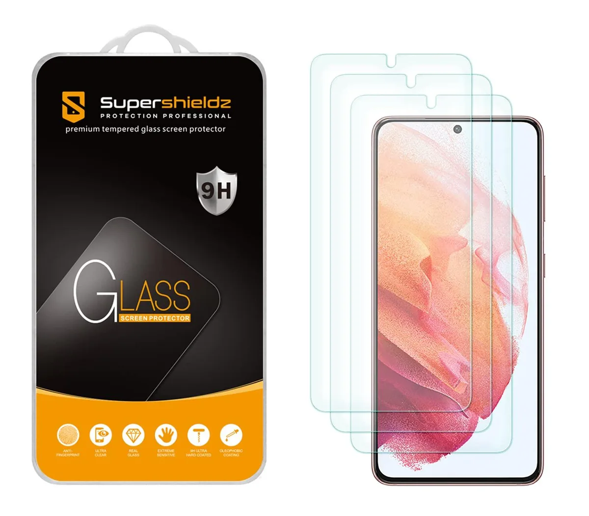 Three rectangular tempered-glass screen protectors with glossy finish and rounded edges for Galaxy S21 5G 6.2 inch display