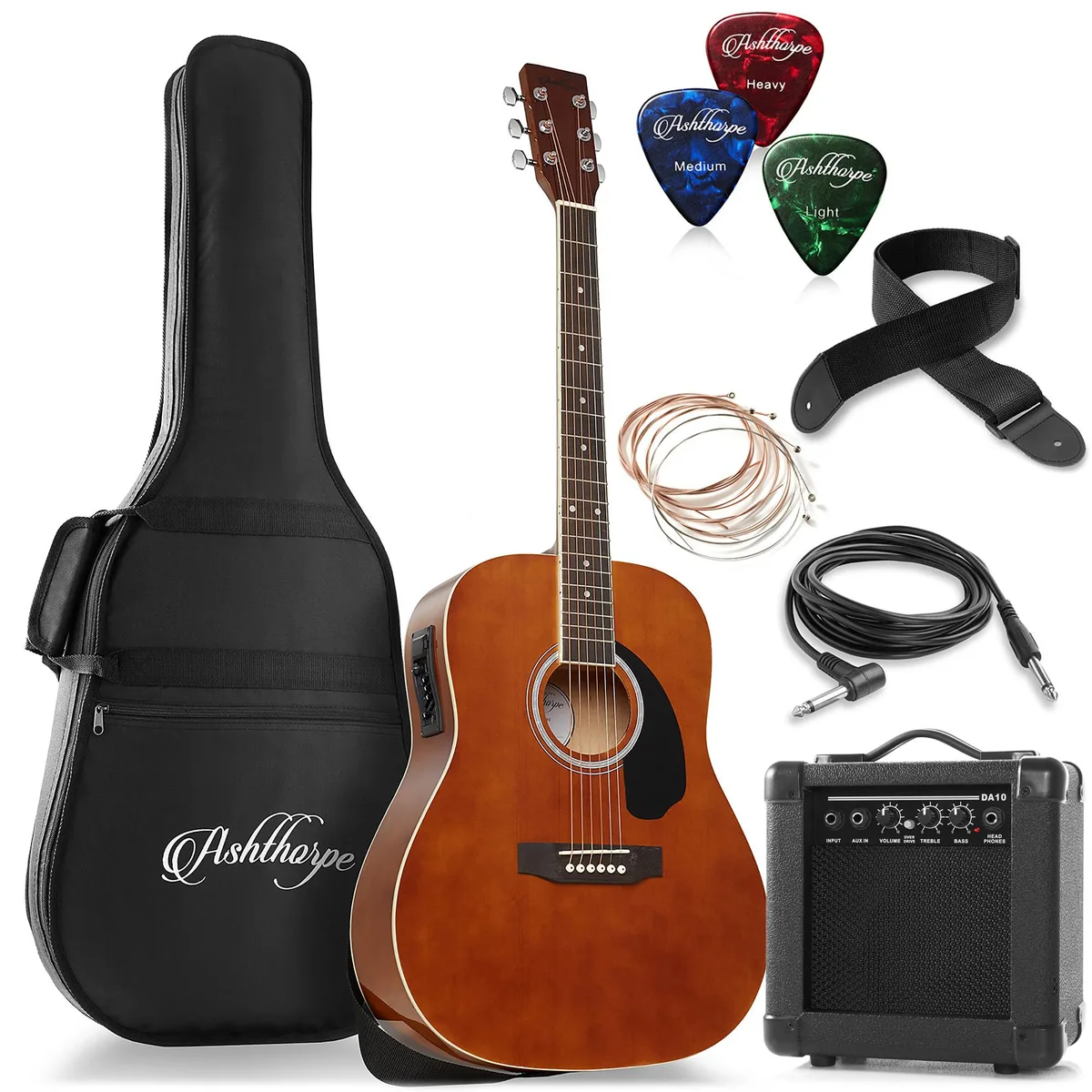 Ashthorpe Ashthorpe 41" Dreadnought Acoustic-Electric Guitar Package with 10W Amp - Brown — product photo