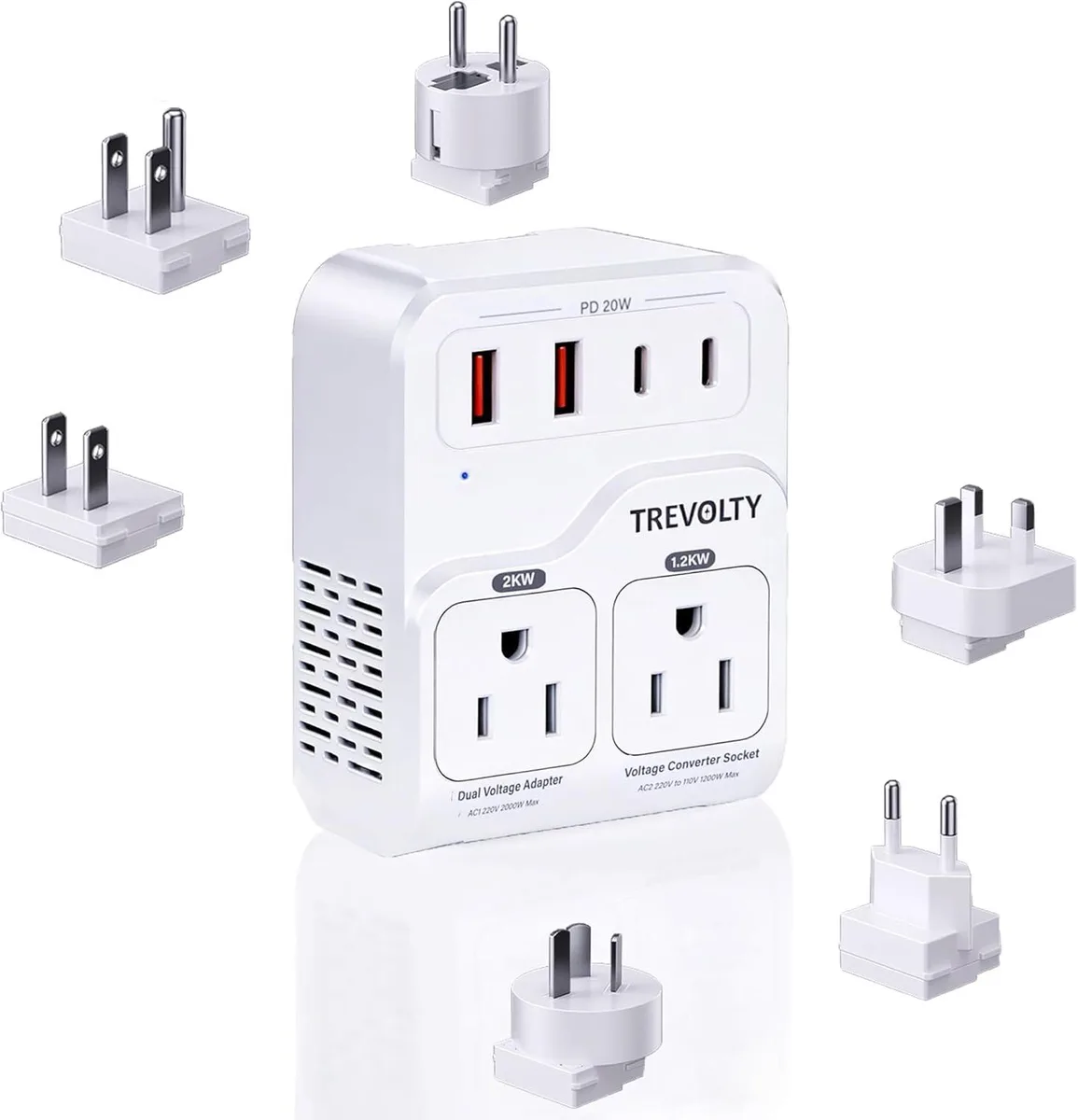White rectangular voltage converter with multiple AC and USB ports, six interchangeable plug attachments visible