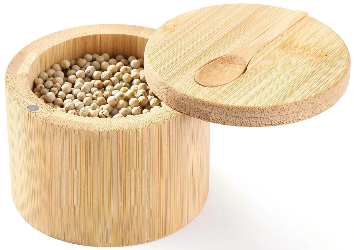 Square bamboo salt cellar with magnetic swivel lid and matching spoon, engraved puppy design, 2.7 by 3.5 inches
