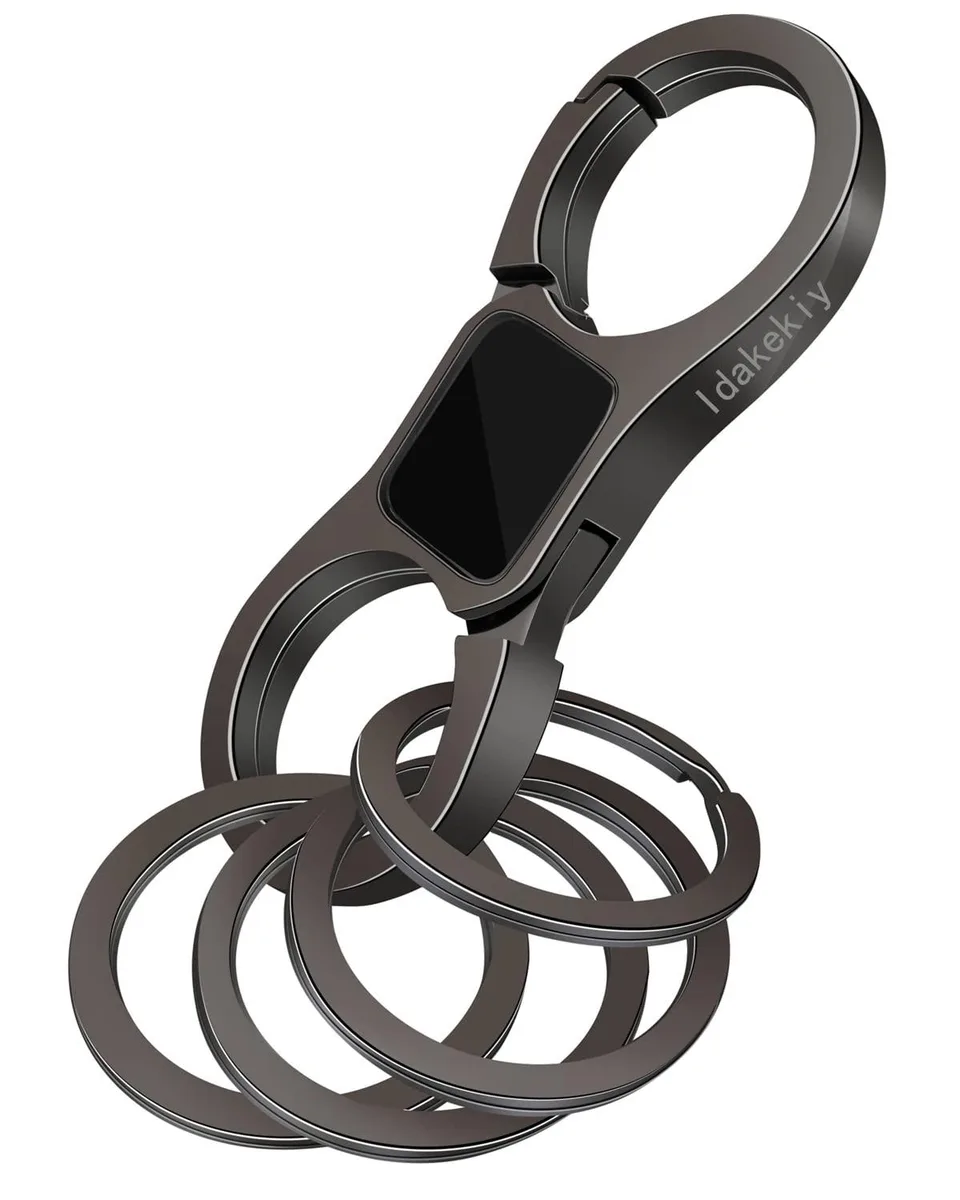 Dark grey zinc alloy key chain with quick release latch and four silver rings