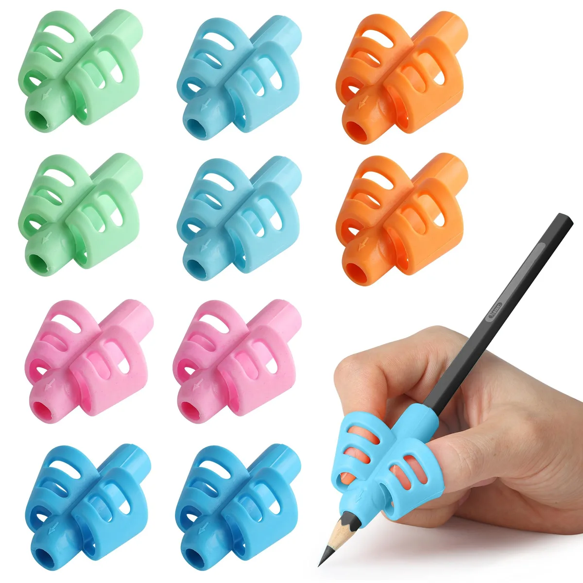 Twenty multicoloured silicone pencil grips in assorted colours