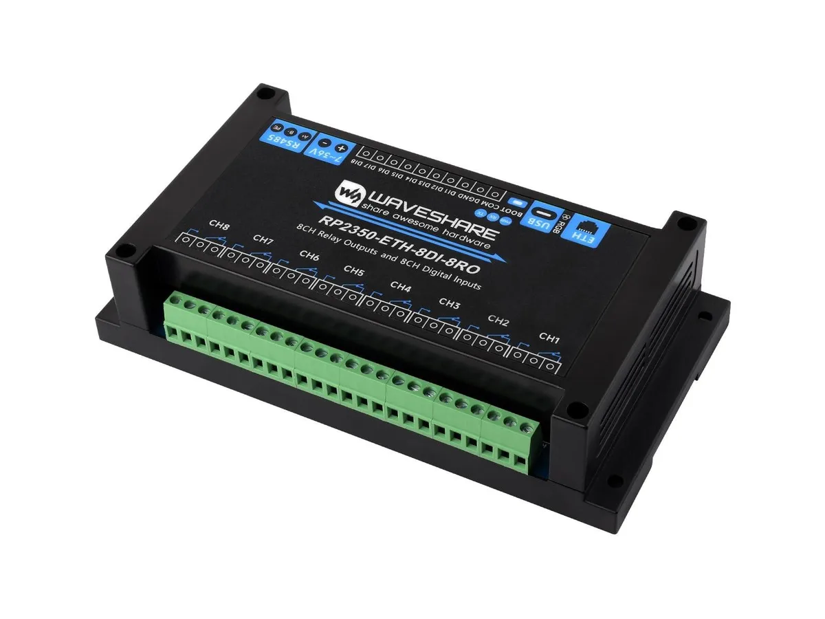 Green rectangular circuit board with eight black relay blocks, Ethernet port, terminal strips and RP2350 chip visible