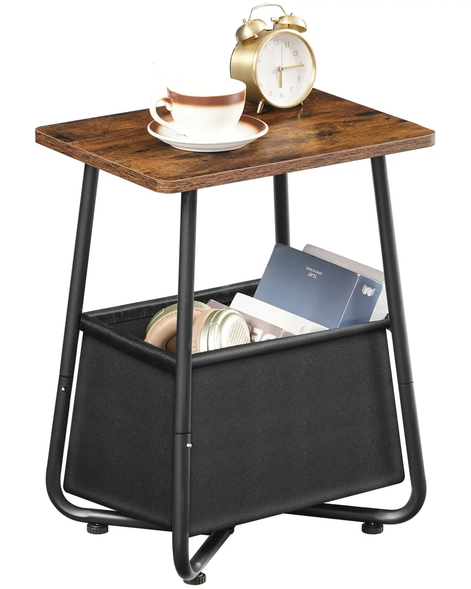 Rustic brown tabletop on black metal X-frame with removable fabric basket underneath