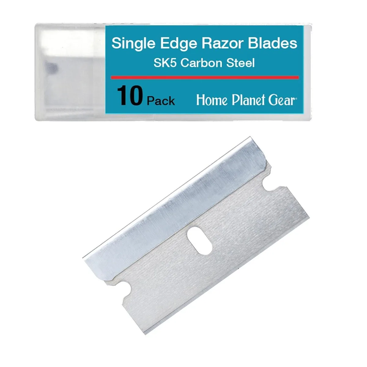 Ten black single-edge blades in a storage box