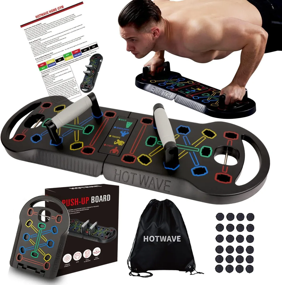 Foldable push-up board with colour-coded slots and two handles