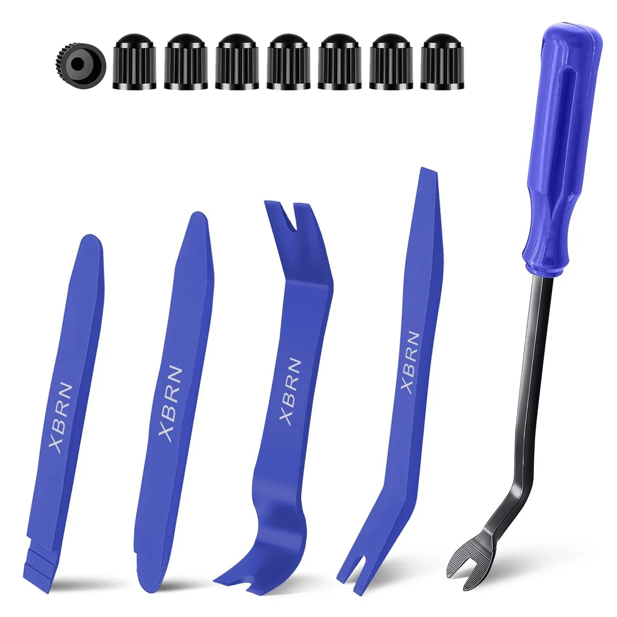 Blue 13-piece trim removal kit with five plastic pry tools and eight valve caps