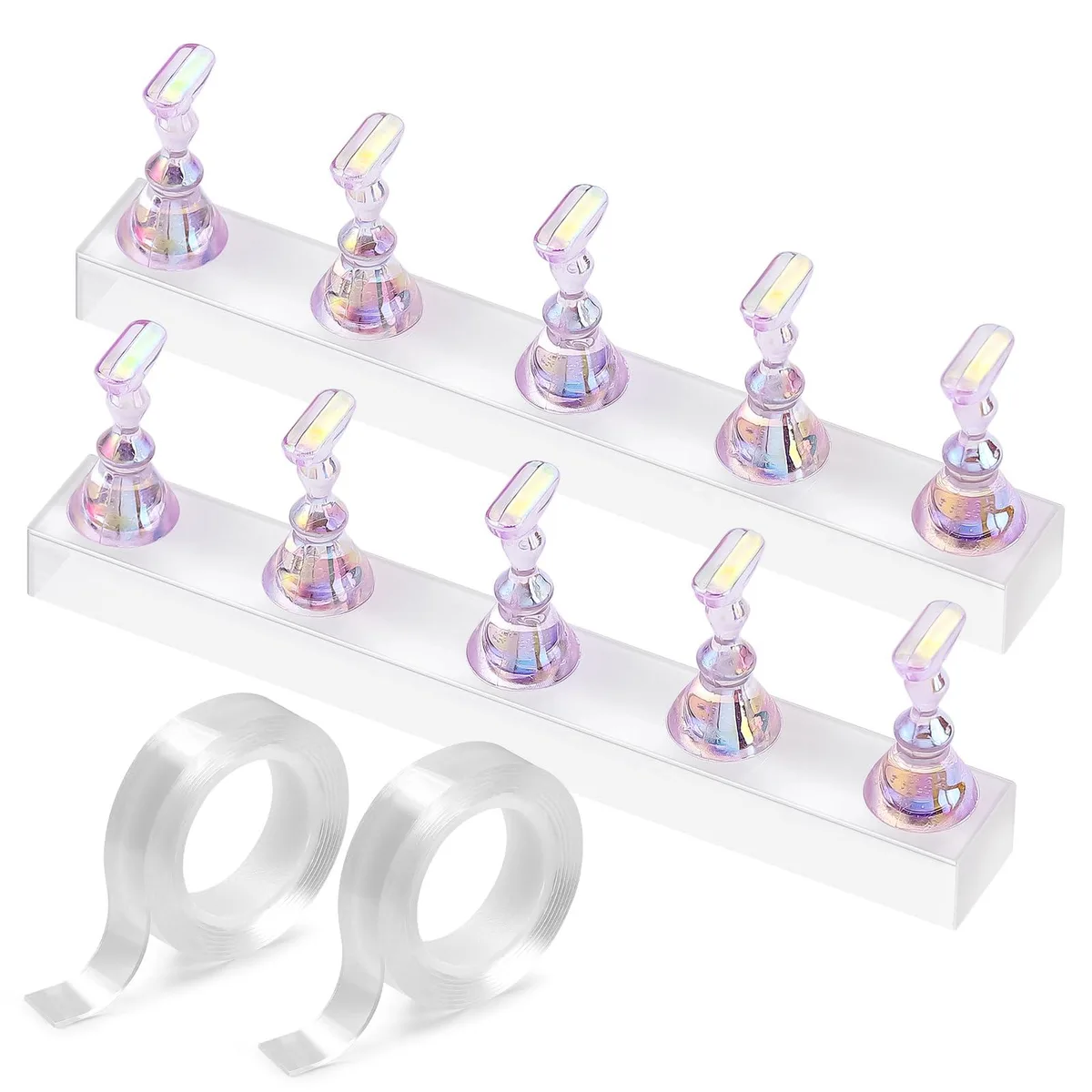 Purple magnetic nail art display stand with acrylic base and double-sided tape, two sets included