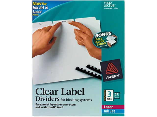 Avery Avery 11442 Clear Label Tab Dividers 3-Tab White 25 Sets — product photo
