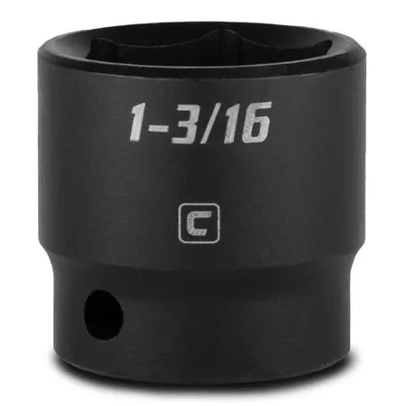 Black shallow impact socket with 1/2 inch drive and six-point opening