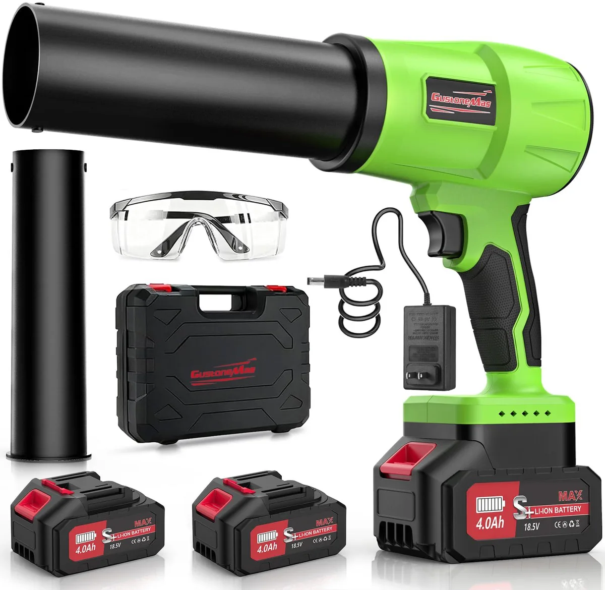 Lightweight cordless leaf blower with two batteries and charger, orange and black finish