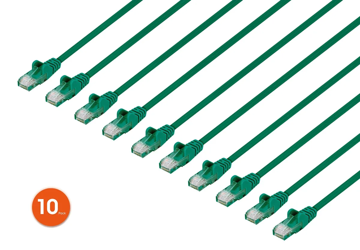 Ten slim green Cat6 patch cables with gold RJ45 connectors, each half a foot long