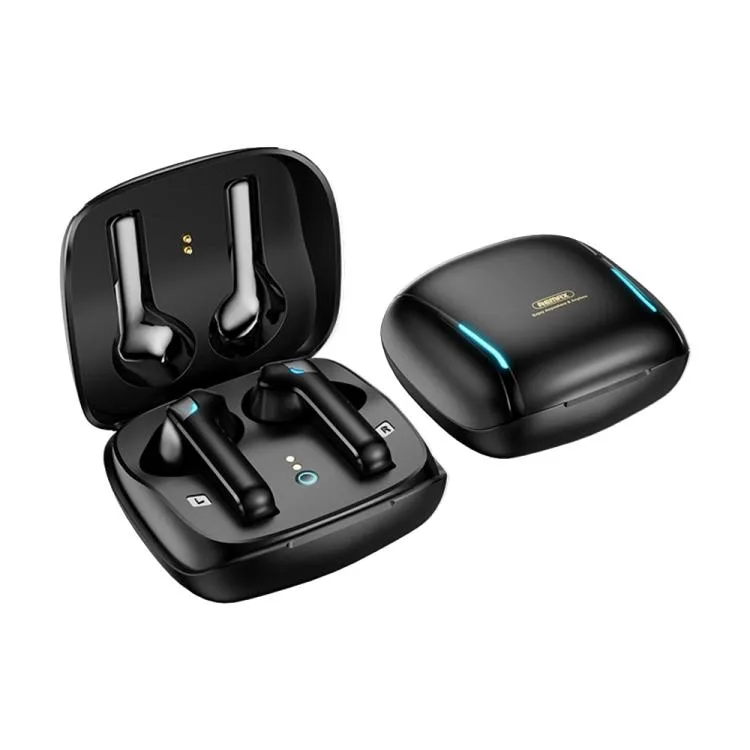 Black true wireless earbuds in compact charging case