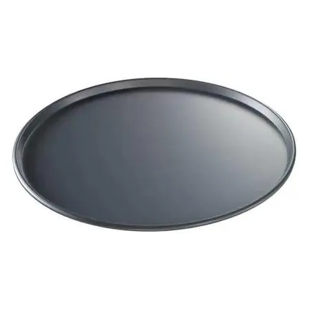 Silver 14-inch thin crust pizza pan with solid anodized aluminum surface