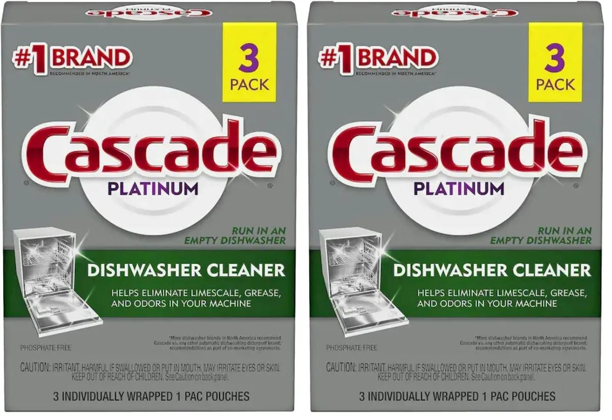 Two boxes of Cascade dishwasher cleaner pacs