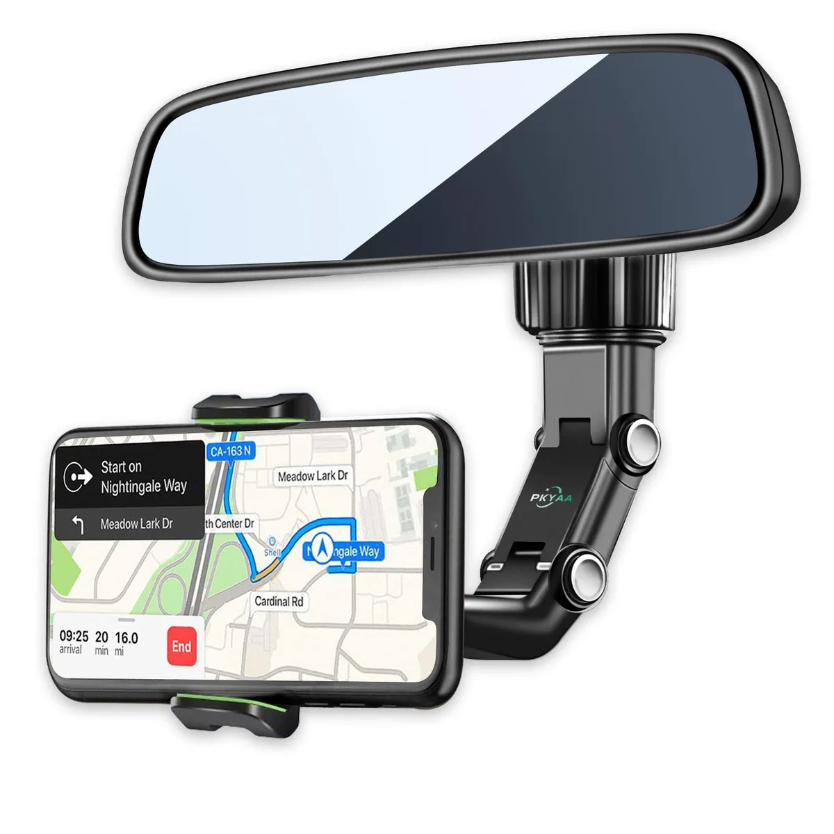 Green rear-view mirror phone mount with long adjustable arm and rotating cradle
