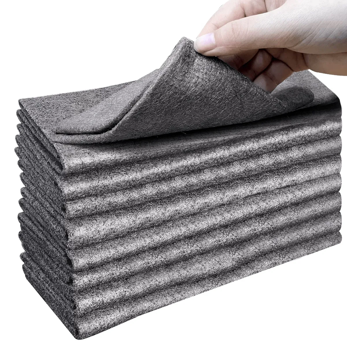 Eight square gray microfibre cloths folded together, each 11.8 inches wide, soft thickened finish
