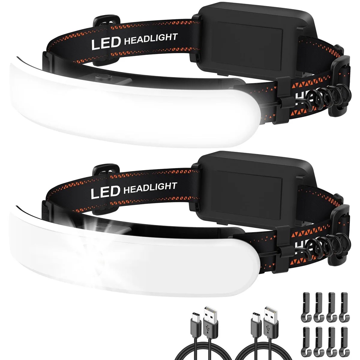 Two black plastic headlamps with wide COB strips and rotatable heads on adjustable straps