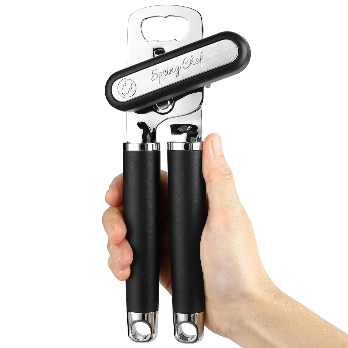 Black manual can opener with soft-grip handles, large turning knob, 8.75 inches long