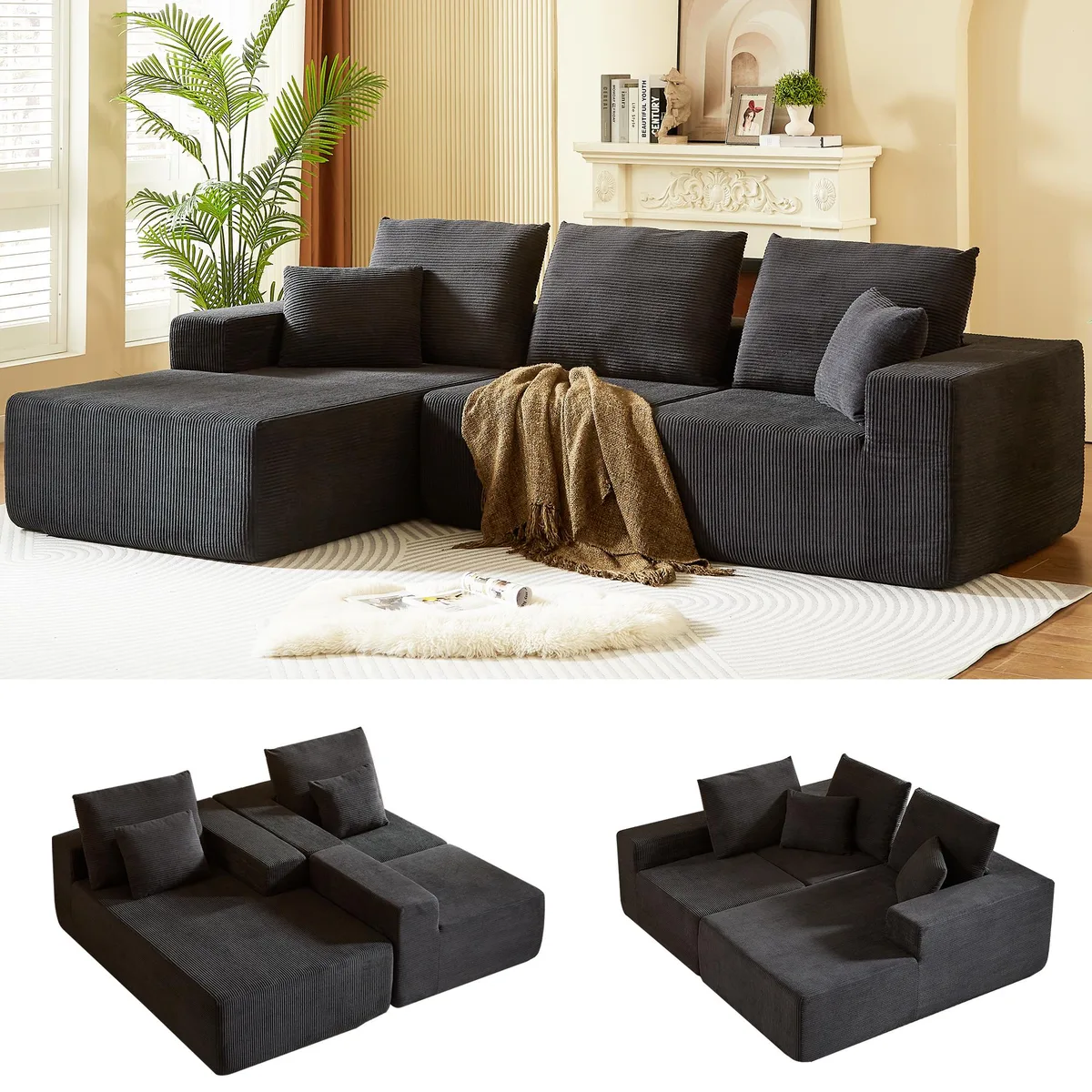 Black corduroy modular sectional with chaise and movable ottoman, deep seat, plush cushions and back pillows, no assembly required