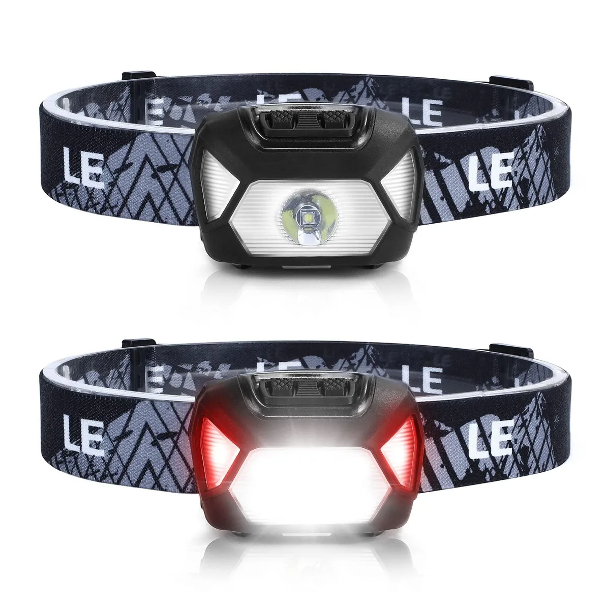 Two black compact LED headlamps with adjustable elastic headbands and tiltable front modules