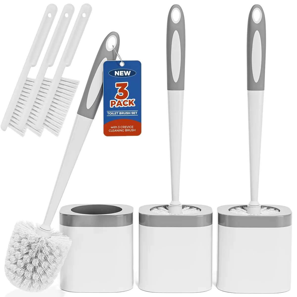  Toilet accessories space saving ergonomic silicone handle dense bristles 3 pack — product photo