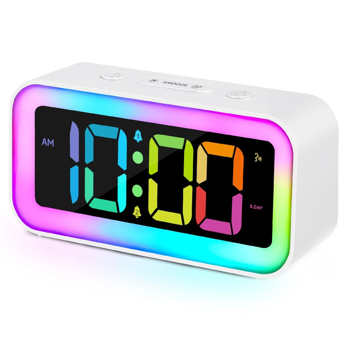 White rectangular digital alarm clock with RGB display USB port and night light