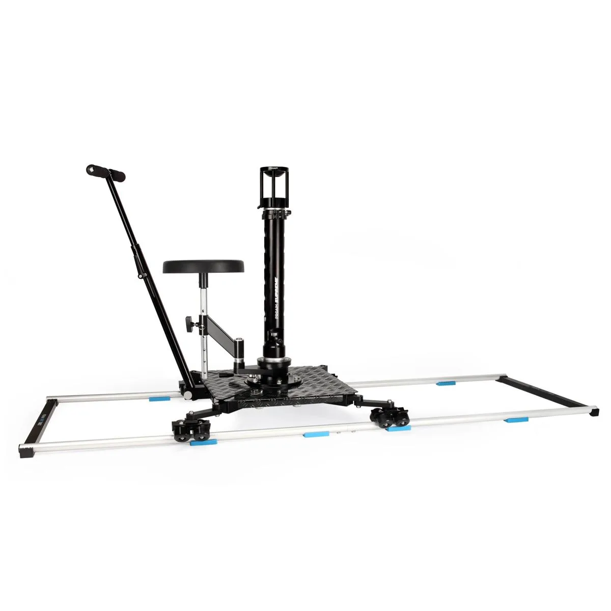 Professional camera dolly system with telescopic bazooka, 12-foot track, and two flight cases