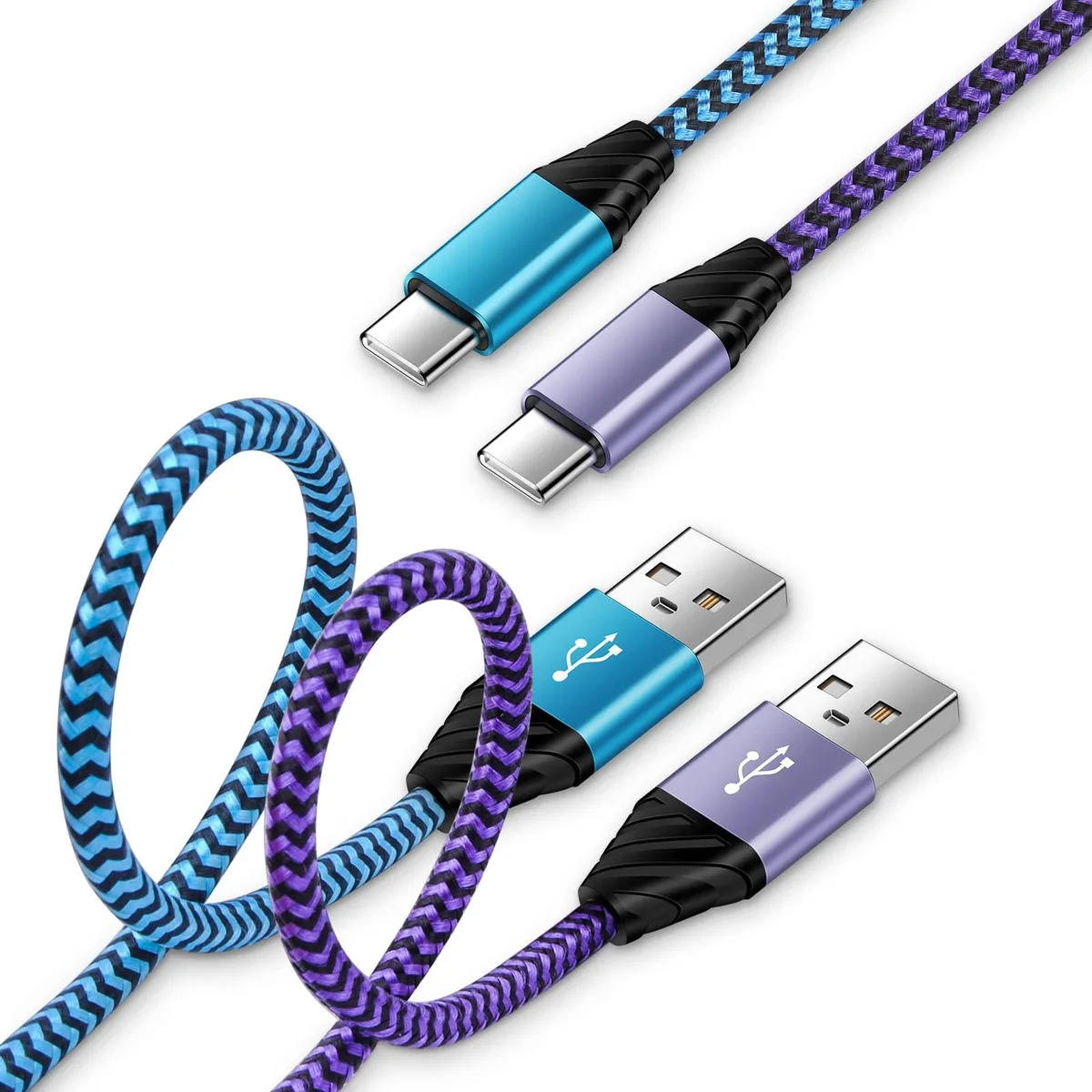 Two blue-purple braided USB-C to USB-A cables, each three feet long