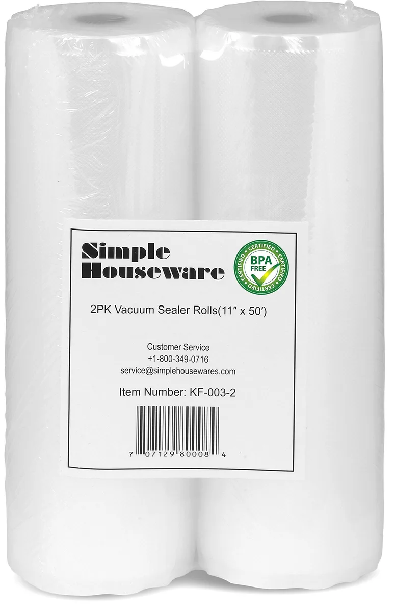 Two white vacuum sealer rolls in a box, each 11 inches wide by 50 feet long