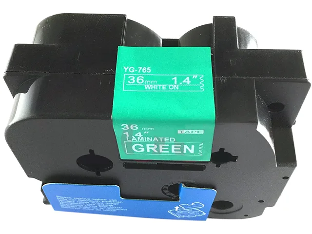 Brother Brother TZe765 label printer tape cartridge, white on green, continuous — product photo