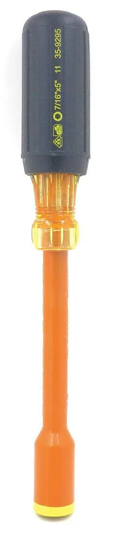 Orange and yellow insulated nutdriver with 7/16 inch socket