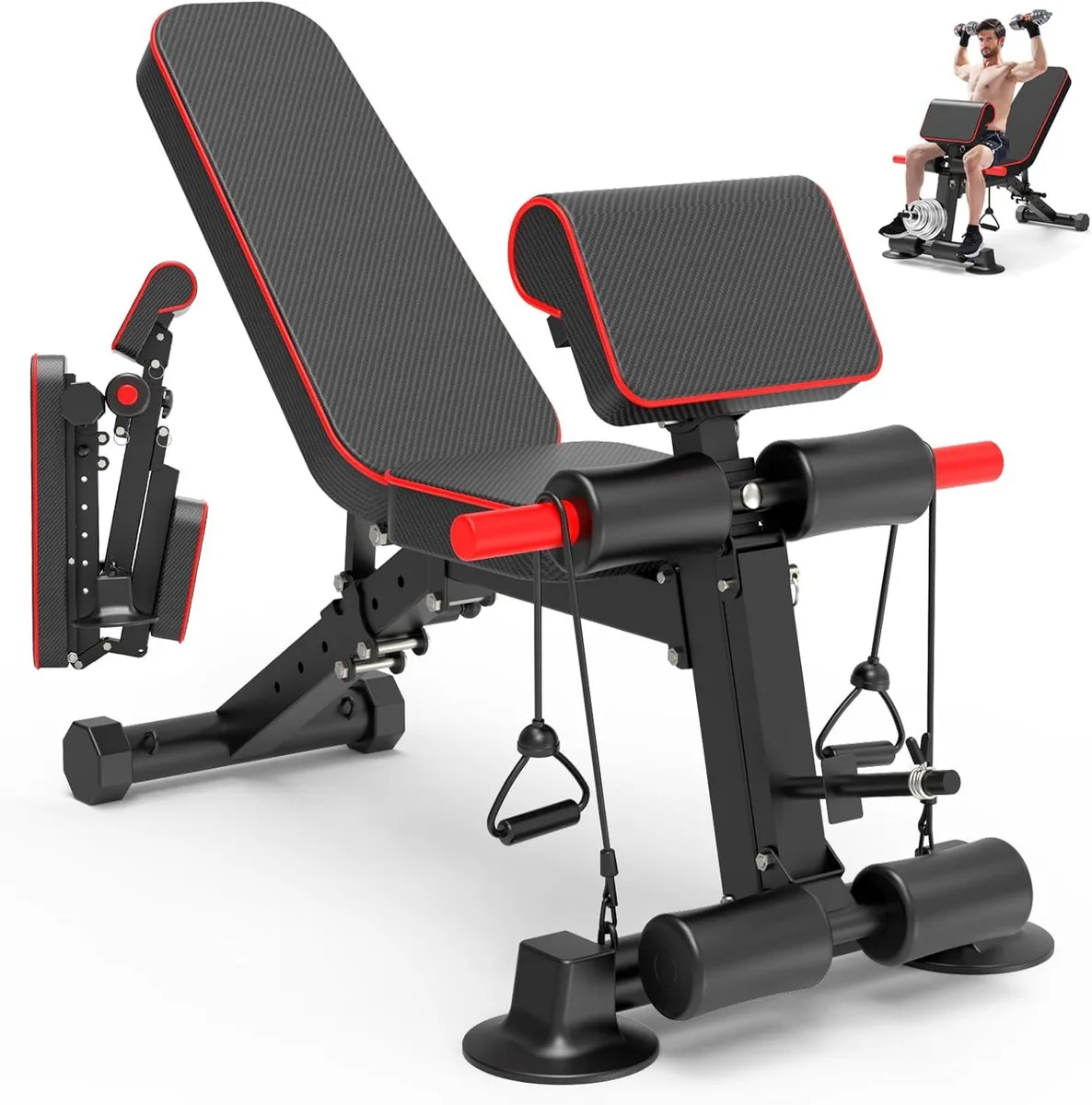 Black steel frame weight bench with padded leather backrest and seat, shown folded flat