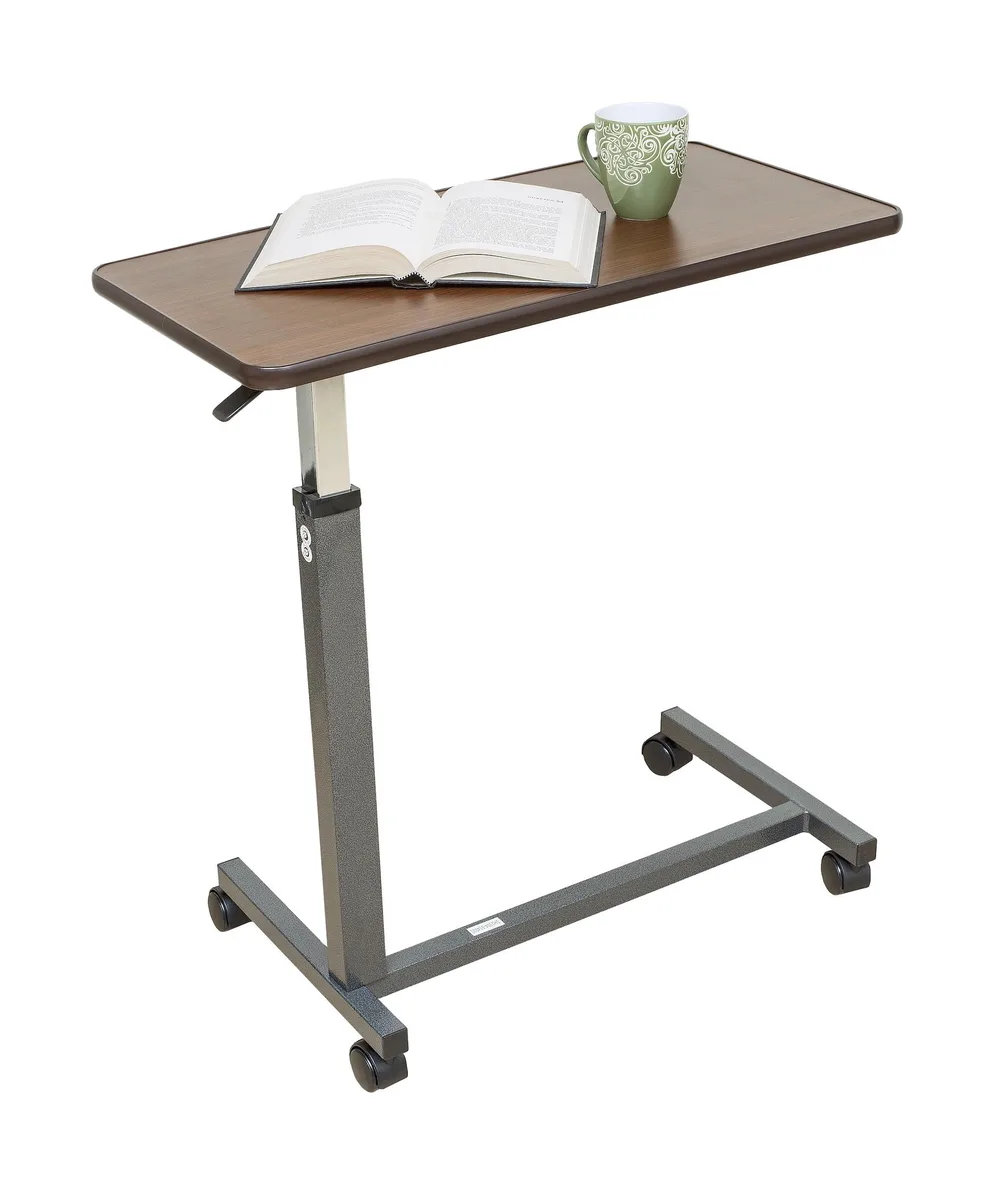 Woodgrain rectangular top on black steel frame with four locking casters