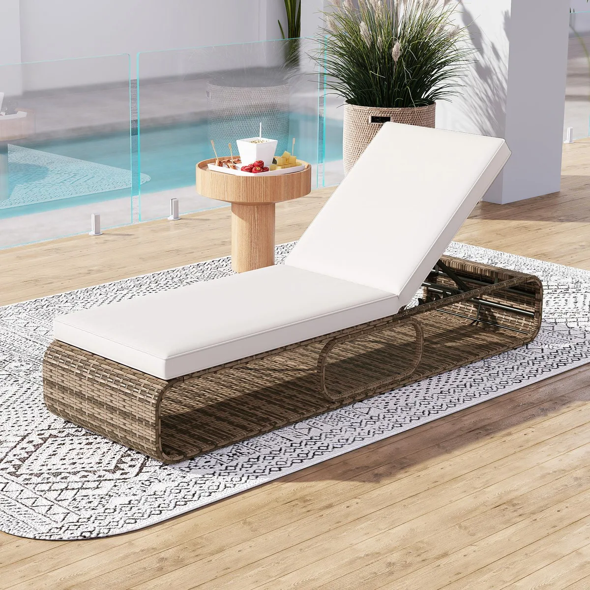 White PE rattan chaise lounge with adjustable backrest, off-white cushion, and under-seat storage
