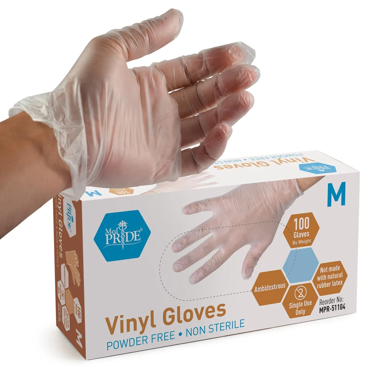 Clear disposable vinyl gloves in a rectangular box of 100 medium size