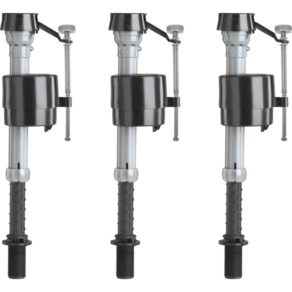 Three white plastic toilet fill valves with adjustable height dials