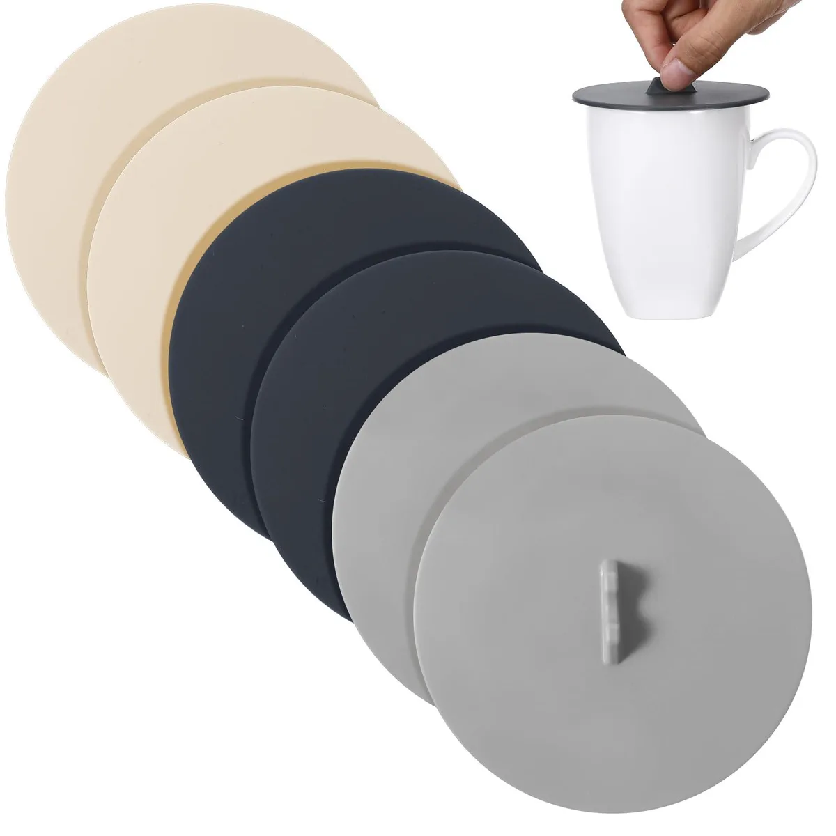 Six round white silicone cup covers with spoon-holder tops, each 10 by 10 by 1 cm