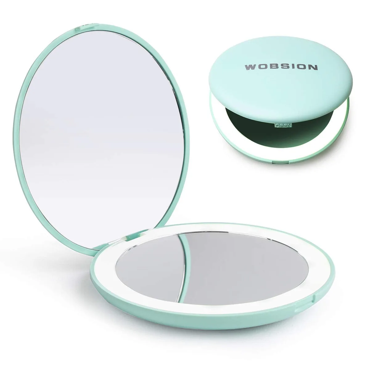 Compact circular mirror cyan finish 3.5in diameter 12 LED lights magnetic closure