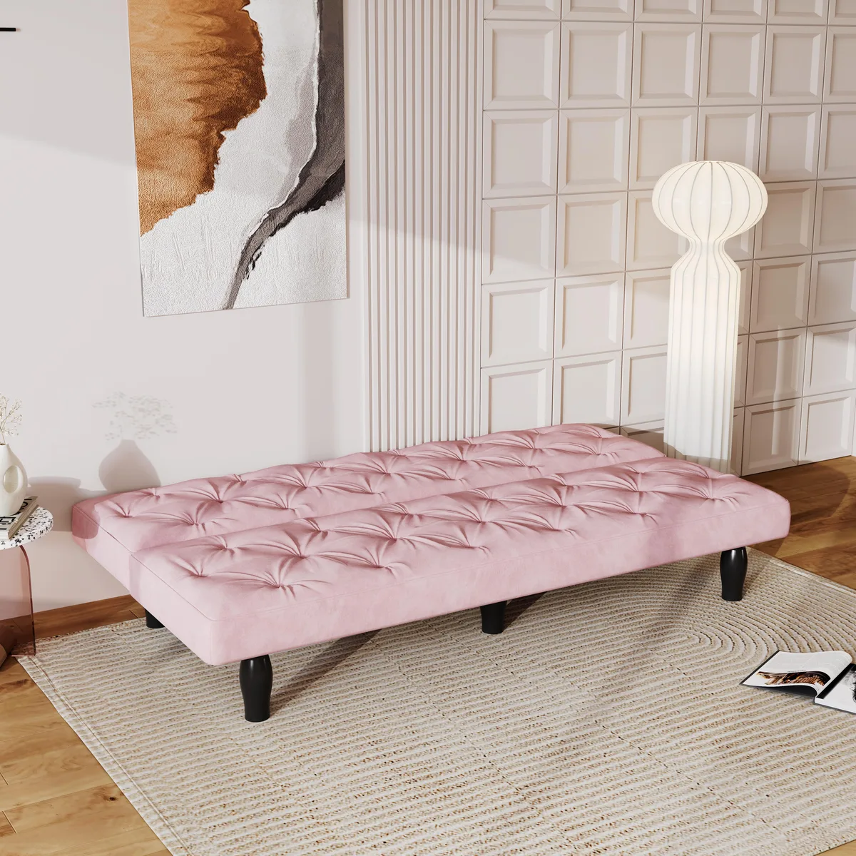 Pink velvet sofa bed, tufted back and seat, 66 inches wide