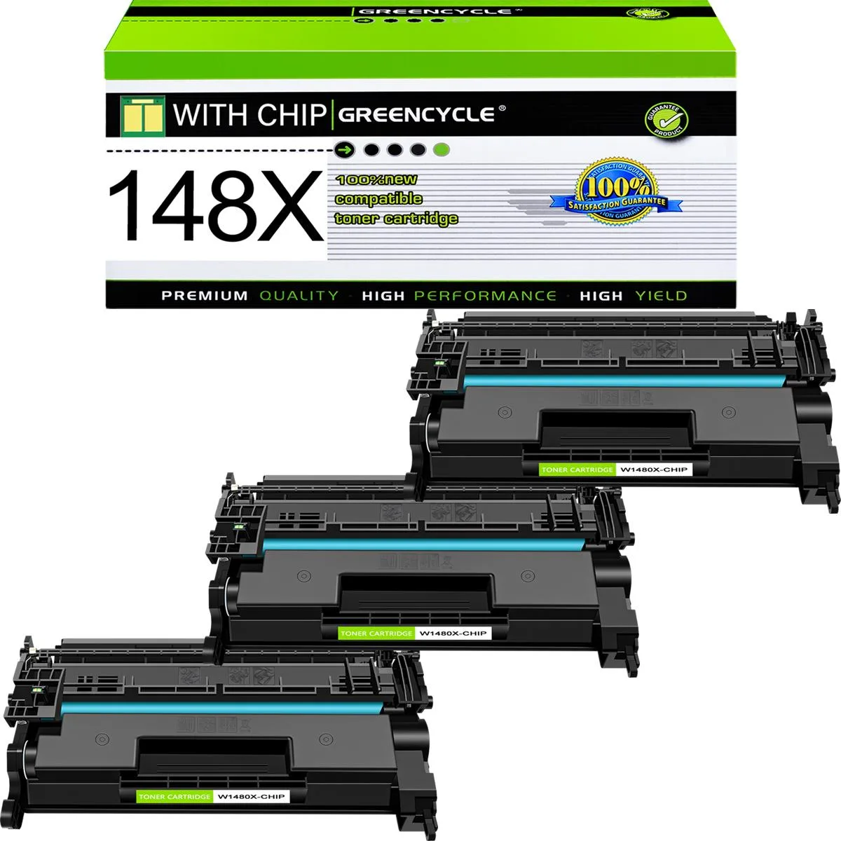 GREENCYCLE GREENCYCLE 148X W1480X Black Toner Cartridge 3-Pack 9500 Pages — product photo