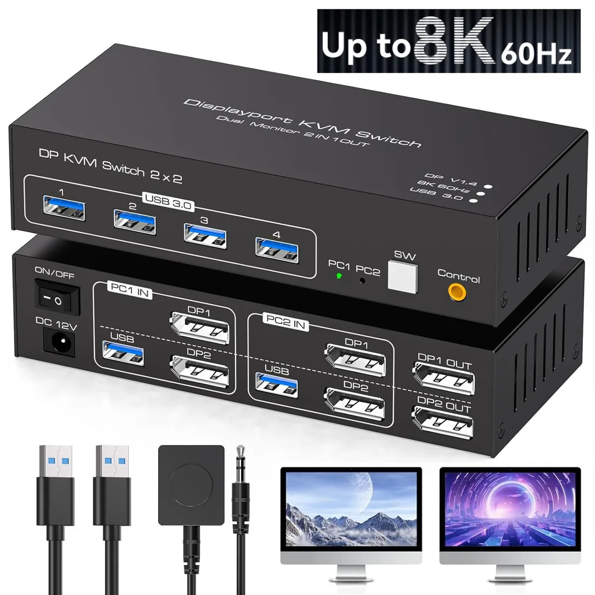 Hitoor Hitoor SW223 DP KVM Switch 2 PC 2 Monitors 8K60Hz 4K120Hz USB 3.0 Wired Remote — product photo