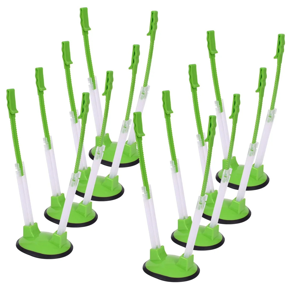 Eight white plastic bag holder stands folded flat with rubber feet visible